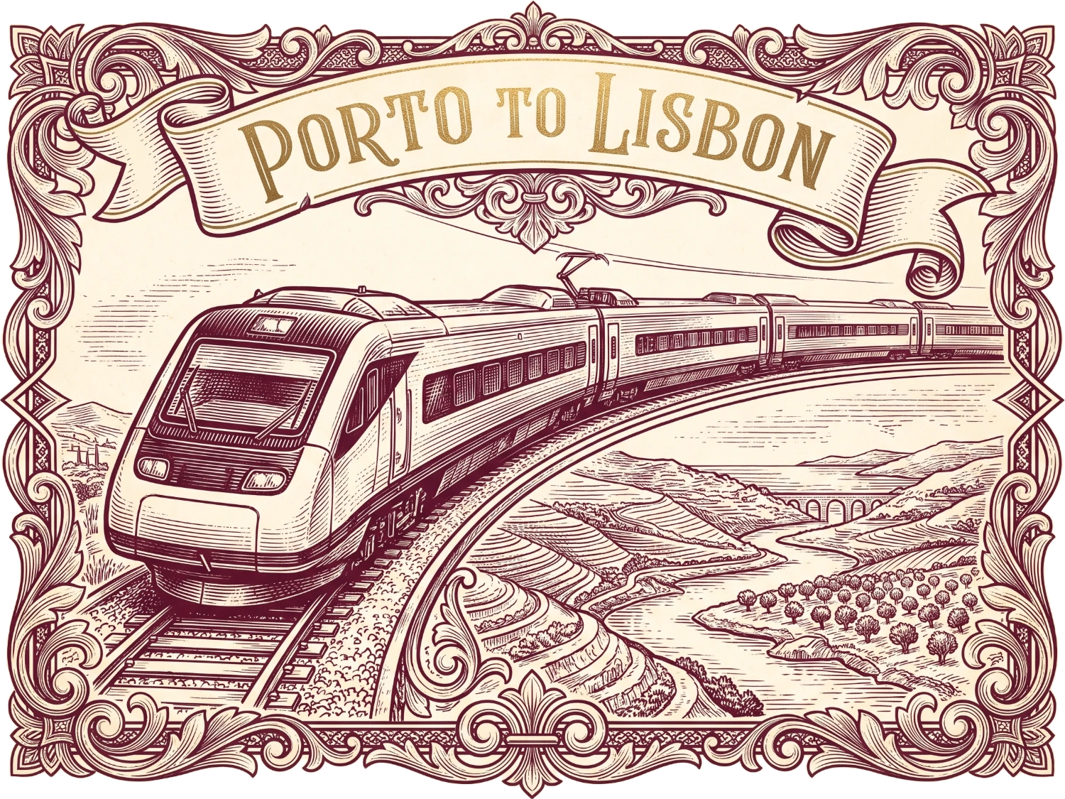 Vintage-style illustrated poster of a Porto to Lisbon Alfa Pendular train curving through the Portuguese countryside along the Douro, framed with ornate gold and wine-colored scrollwork