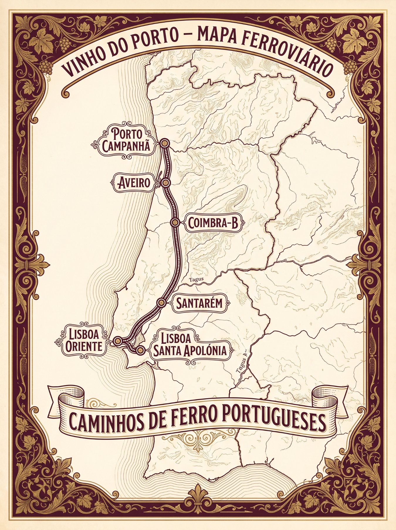 Illustrated vintage-style rail map of Portugal's Linha do Norte from Porto to Lisbon, showing stops at Porto Campanhã, Aveiro, Coimbra-B, Santarém, Lisboa Oriente, and Lisboa Santa Apolónia